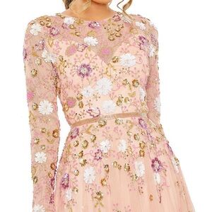 Mac Duggal Sequin Floral Crew Neck Long Sleeve Midi Dress Blush NWT